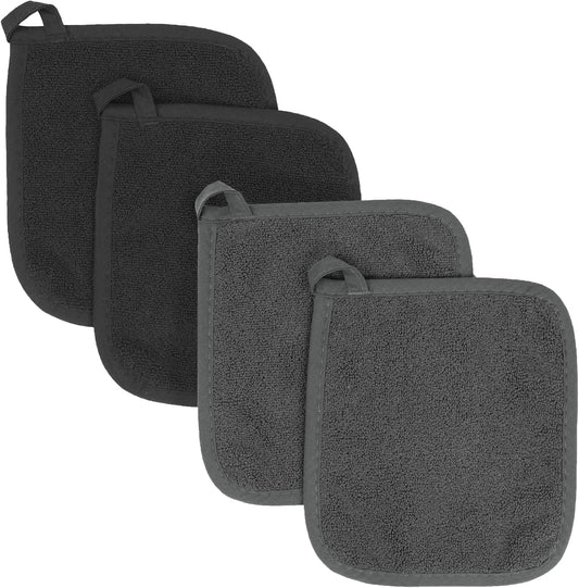 RITZ Terry Potholder & Hot Pad: Unparalleled Heat Resistant, Durable 100% Cotton – Ergonomically Designed for Optimal Grip – Easy-Care Machine Washable – 4-Pack, Black/Graphite