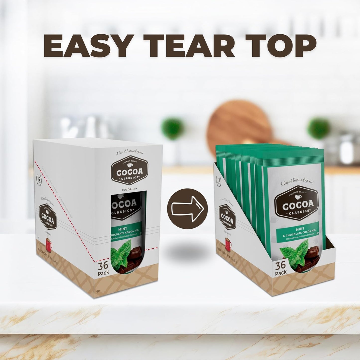 Cocoa Classics Mint Cocoa Mix, Hot Chocolate, Made with Nonfat Milk, Just Add Hot Water, Make Hot or Iced Cocoa, Gluten Free & Kosher Dairy Friendly, 1.25oz Packets (Pack of 36)