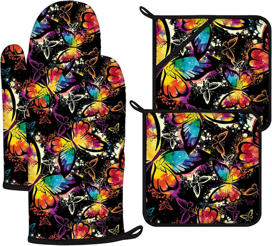 Colorful Butterfly Oven Mitts and Pot Holders Sets 4Pcs,Extra Long Oven Gloves Potholder for Kitchen Cooking Baking BBQ 100% Cotton Heat Resistant