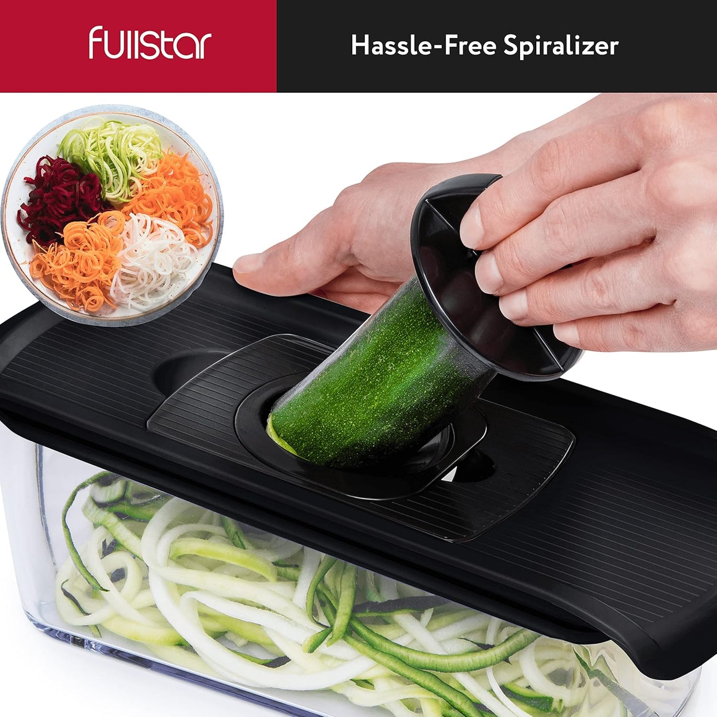 Fullstar Mandoline Slicer for Kitchen, Fruit Cutter, Cheese Grater, Cucumber Slicer, Veggie Spiralizer, Food Cutter & Kitchen Gadgets with Safety Glove (6 in 1, Black)