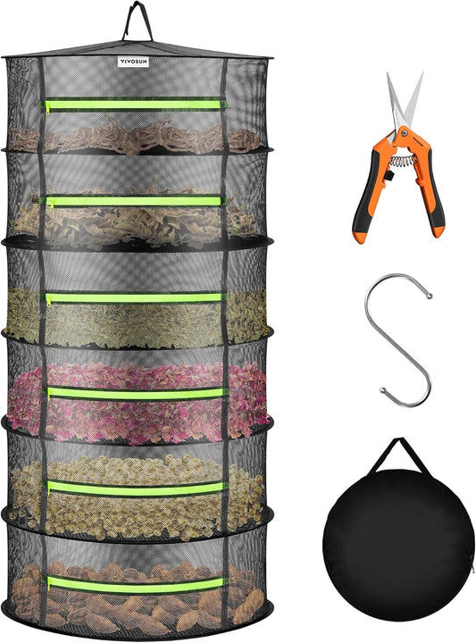 VIVOSUN 6-Layer Mesh Drying Rack Hanging Design with Green Zippers for Dehydrating, Indoor and Outdoor Pruning Shears Included