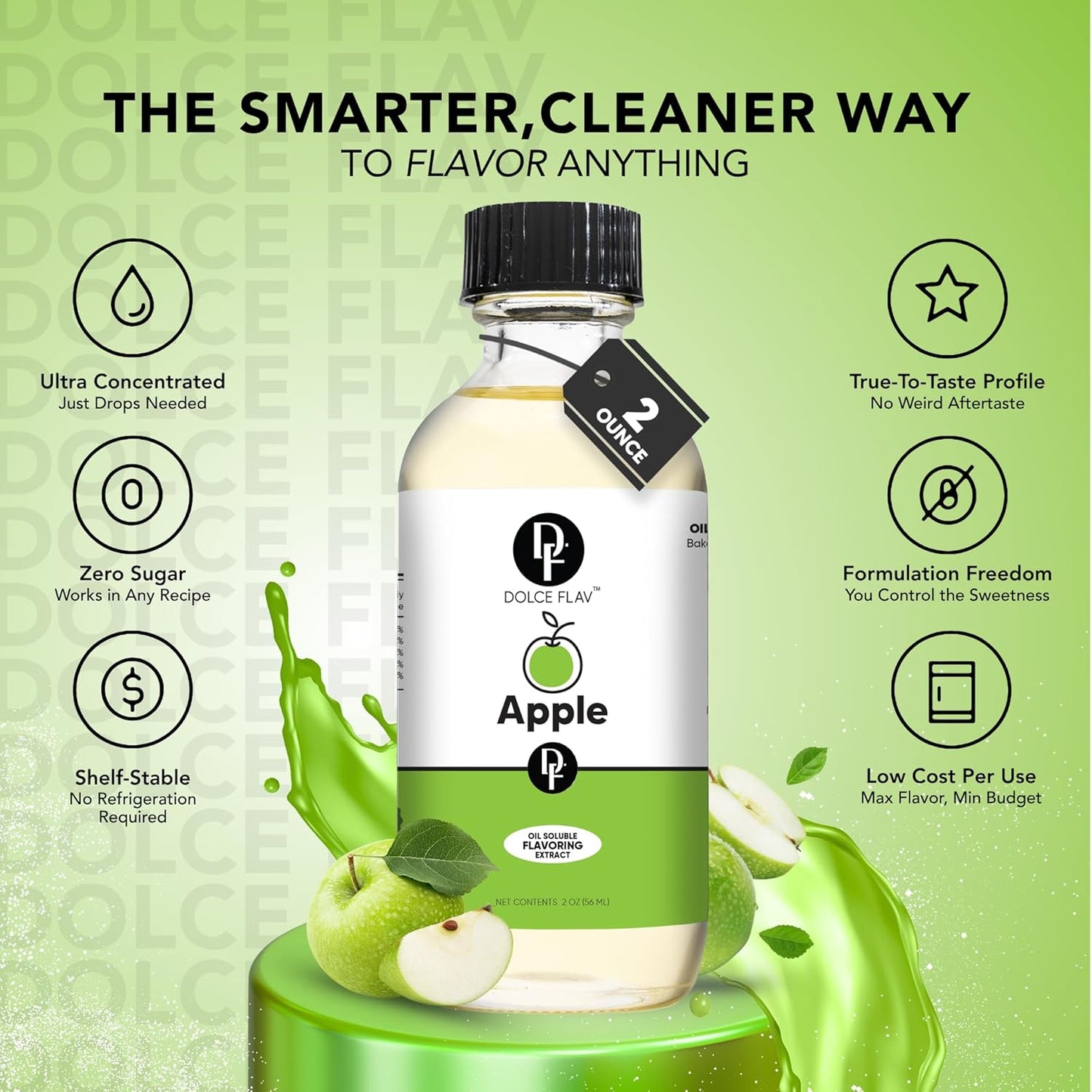 Dolce Flav Apple Extract – 2 Ounce Oil-Soluble Kosher, Sugar-Free, Concentrated Crisp Apple Flavoring for Baking, Chocolates & Desserts, Includes Measured Dropper