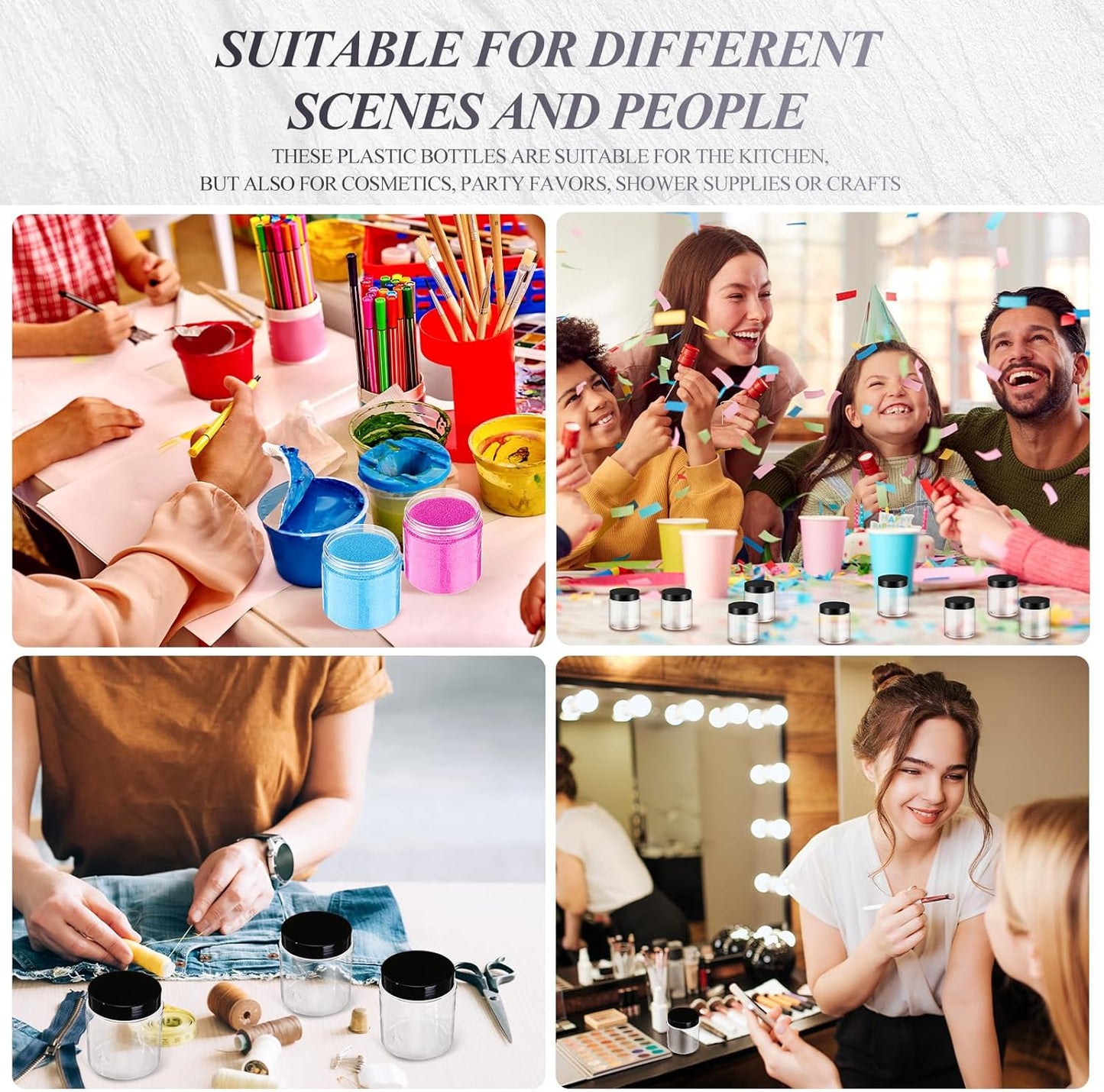 SATINIOR 6 Pack 12 oz Plastic Jars Containers with Lids Wide-mouth Refillable Leakproof Reusable Round Empty Jars for Travel Cosmetic Dry Food Spice Cookie Candy Home Kitchen Organizing(Black)