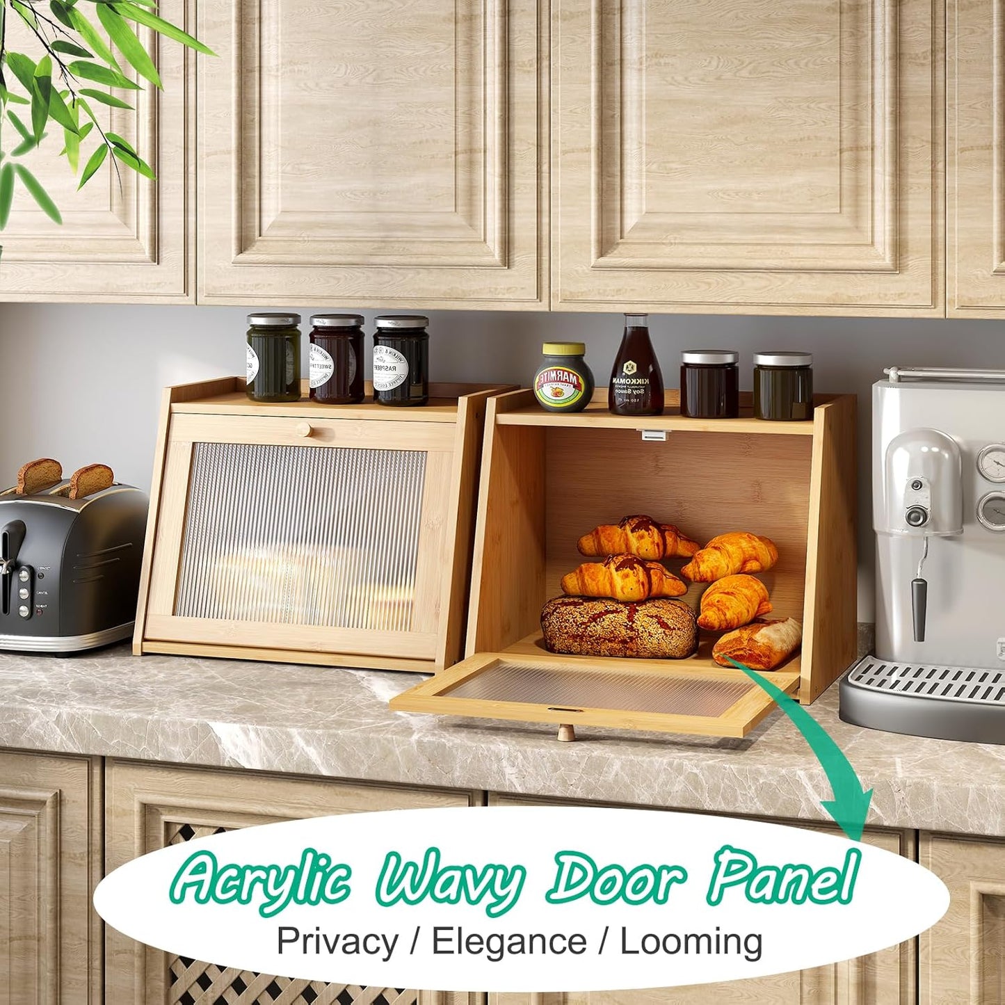 Large Bread Box for Kitchen Counter, Bamboo Bread Storage Container with Wavy Arcylic Transparent Door, Bamboo Wooden Farmhouse Bread Box for Your House