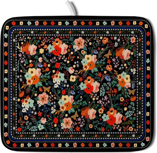 Black Flowers Dish Drying Pad Boho Floral Washable Microfiber Kitchen Mat for Home Decor