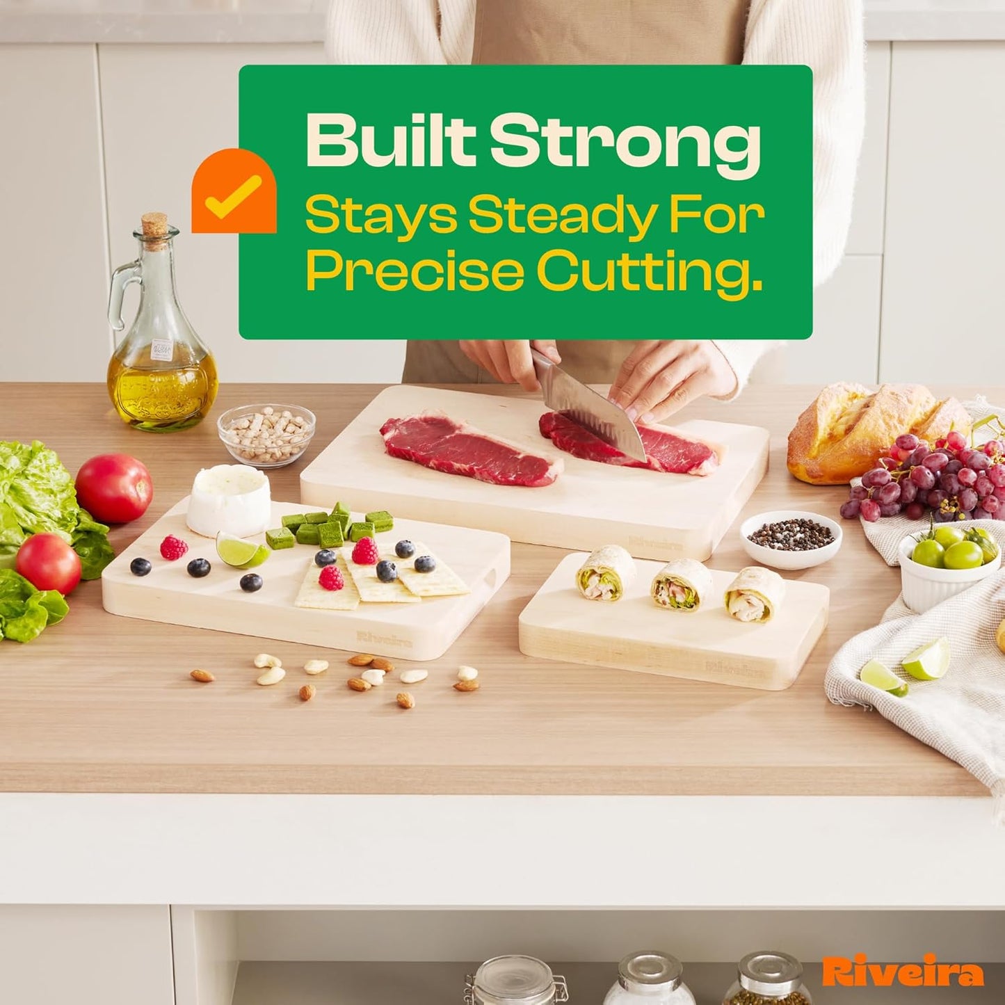 Riveira Maple Wood Cutting Board – Versatile and Durable: Set Of 3 Pcs Rectangular Wooden Cutting Board – Natural Wooden Cutting Boards For Kitchen – Complete Maple Wooden Chopping Board