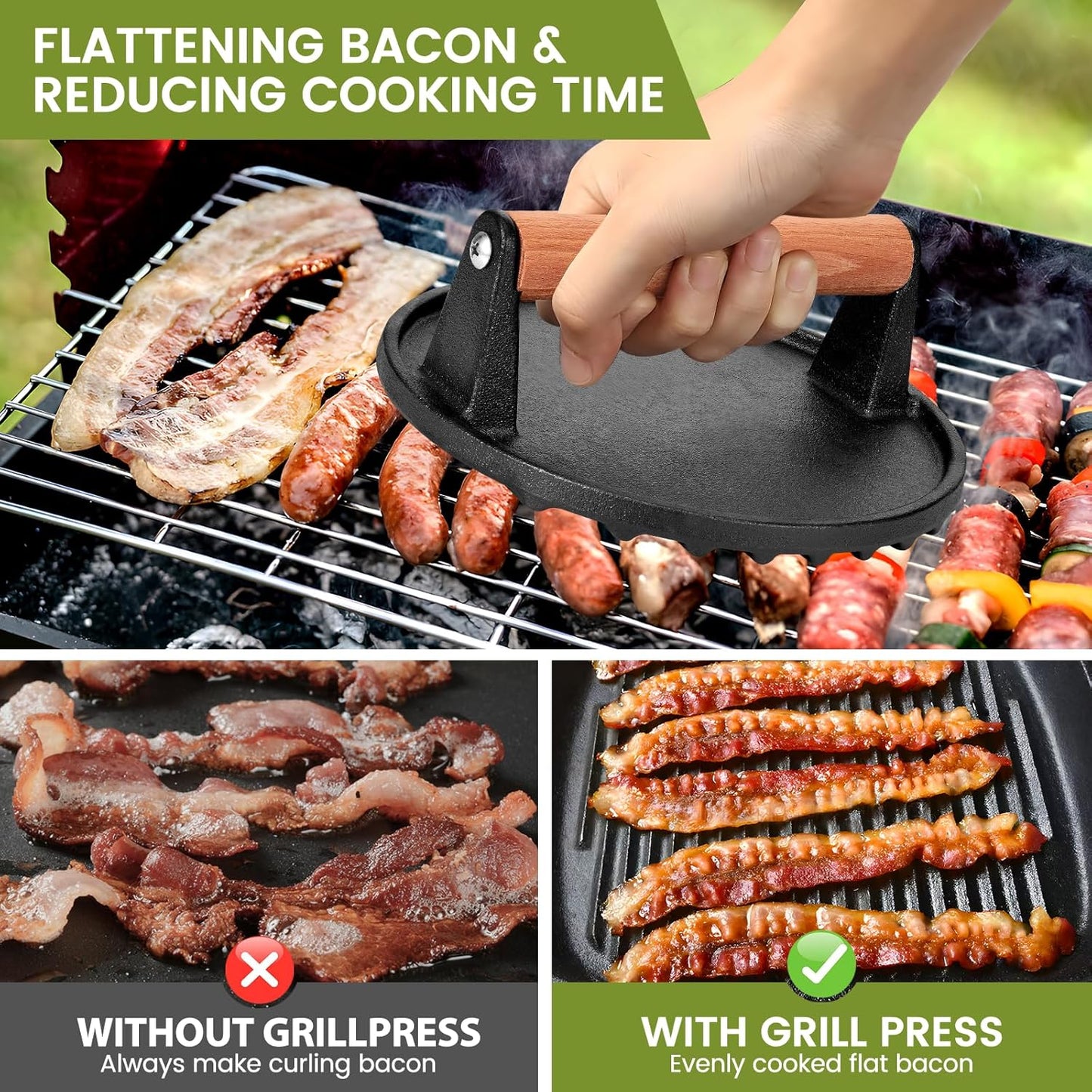 Smashed Burger Press, 7” Round Heavy-Duty Cast Iron Smash Meat Steak with Wooden Handle for Blackstone Griddle, Juicy and Crispy Burgers for BBQs, Cookouts