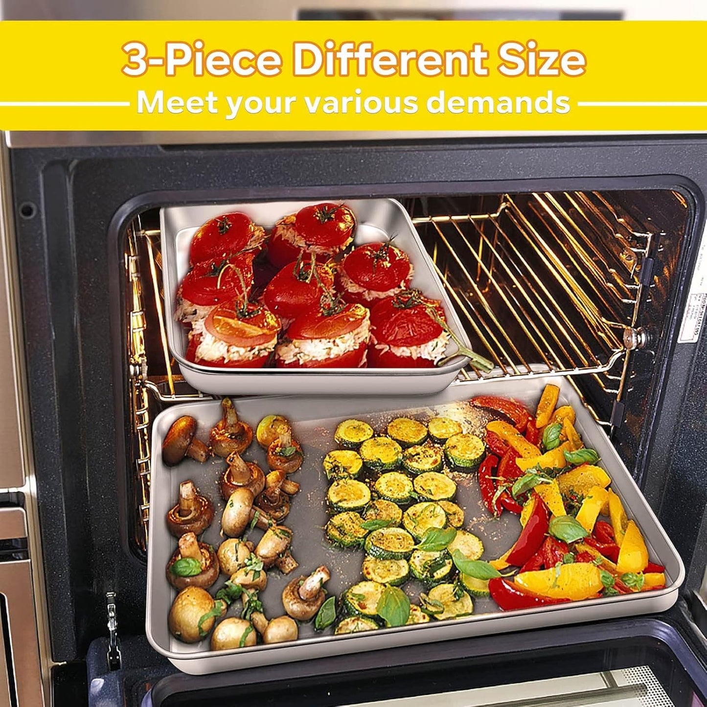 E-far Baking Cookie Sheet Pan Set of 3, 16/12.4/10.4 Inch, Stainless Steel Baking Pans Set for Oven, Rectangle Baking Tray for Cooking Roasting, Non Toxic & Easy Clean, Dishwasher Safe