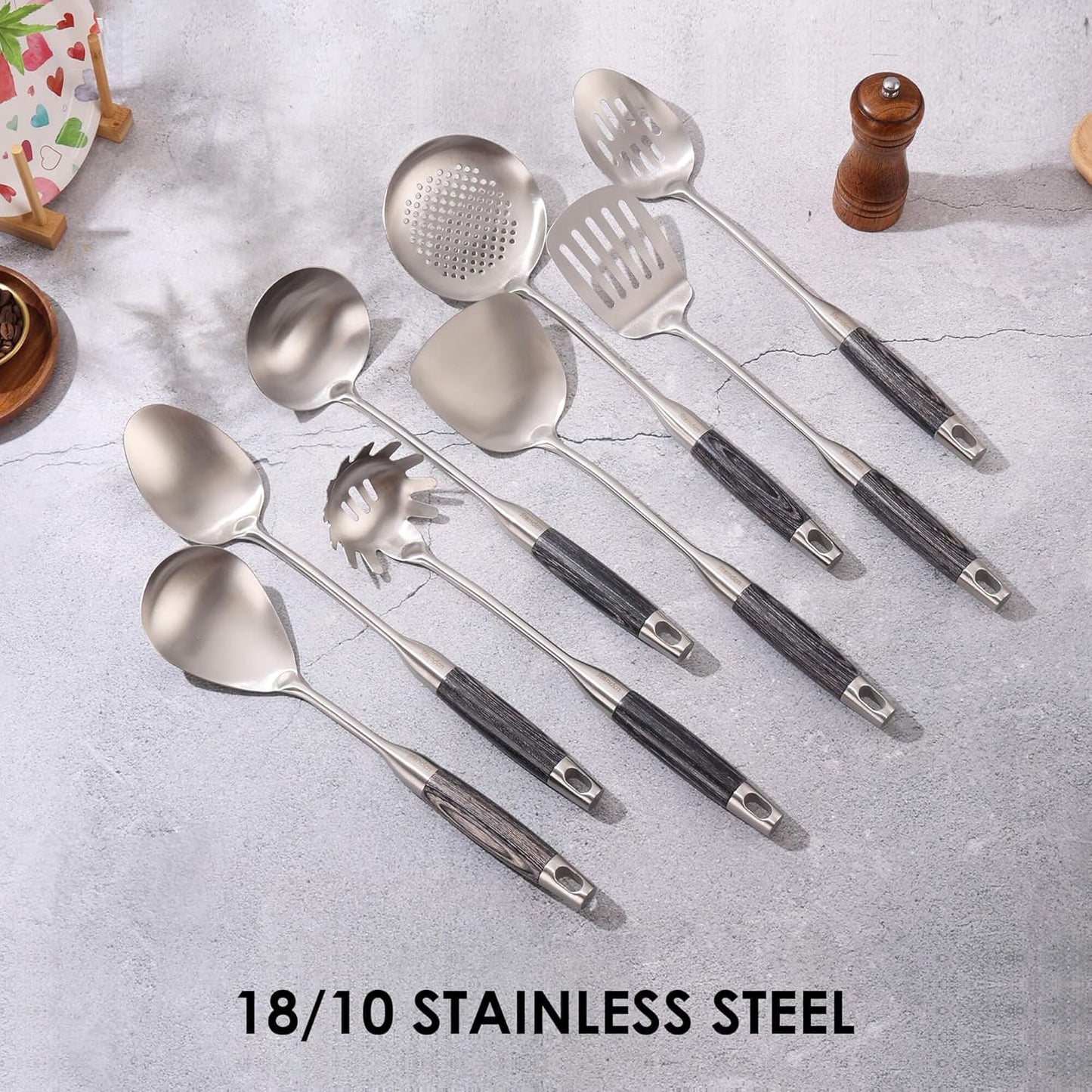 18/10 Stainless Steel Kitchen Utensils Set with Wooden Handle, 8Pcs 15” Long Cooking Utensil Set & Kitchen Gadgets Cookware Set, Serving Utensils-Spatula, Turner, Pasta, Serving Spoon, Skimmer, Ladle