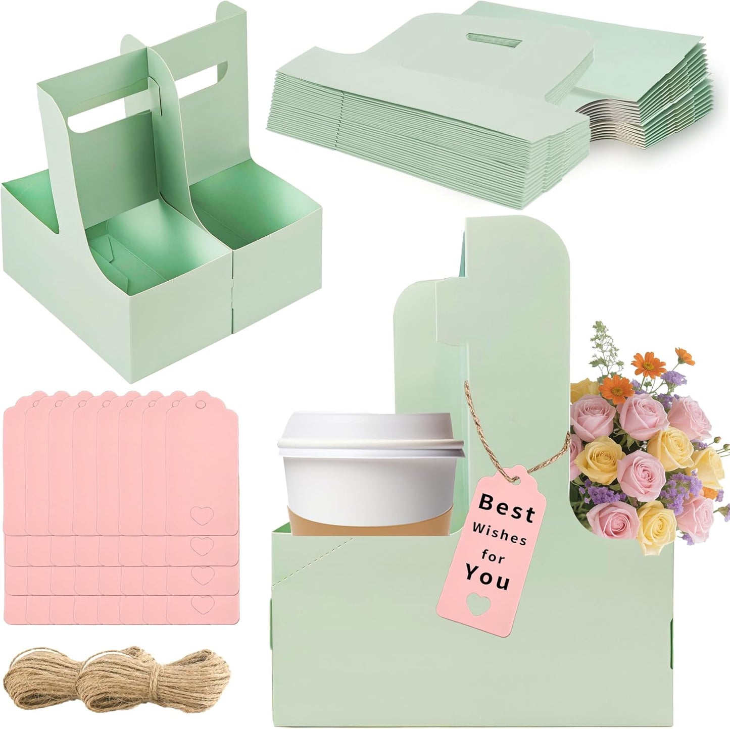 2 Cup Drink Carrier,32 Pack Coffee Cup Holders with Handle,Cardboard Cup Holders for Hot or Cold Drinks,Coffee Carrier with Ribbon and Card,Food Delivery Services and Bouquet(Green)