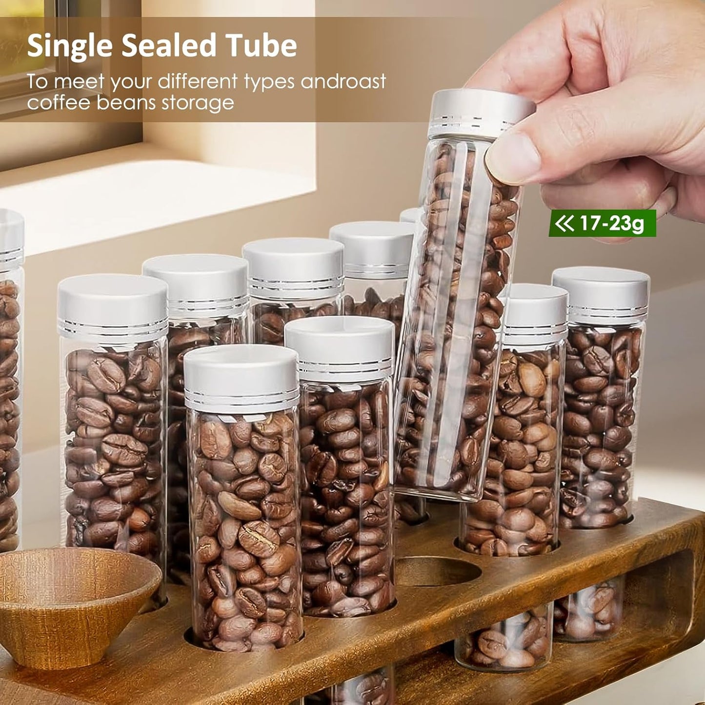 Single Dose Coffee Bean Storage Tubes 12 Pcs Coffee Bean Cellar Container Dosing Glass Vials,2oz Glass Jars With Lids, 2 Layers Sapele Display Stand And Wooden Funnel(Large)