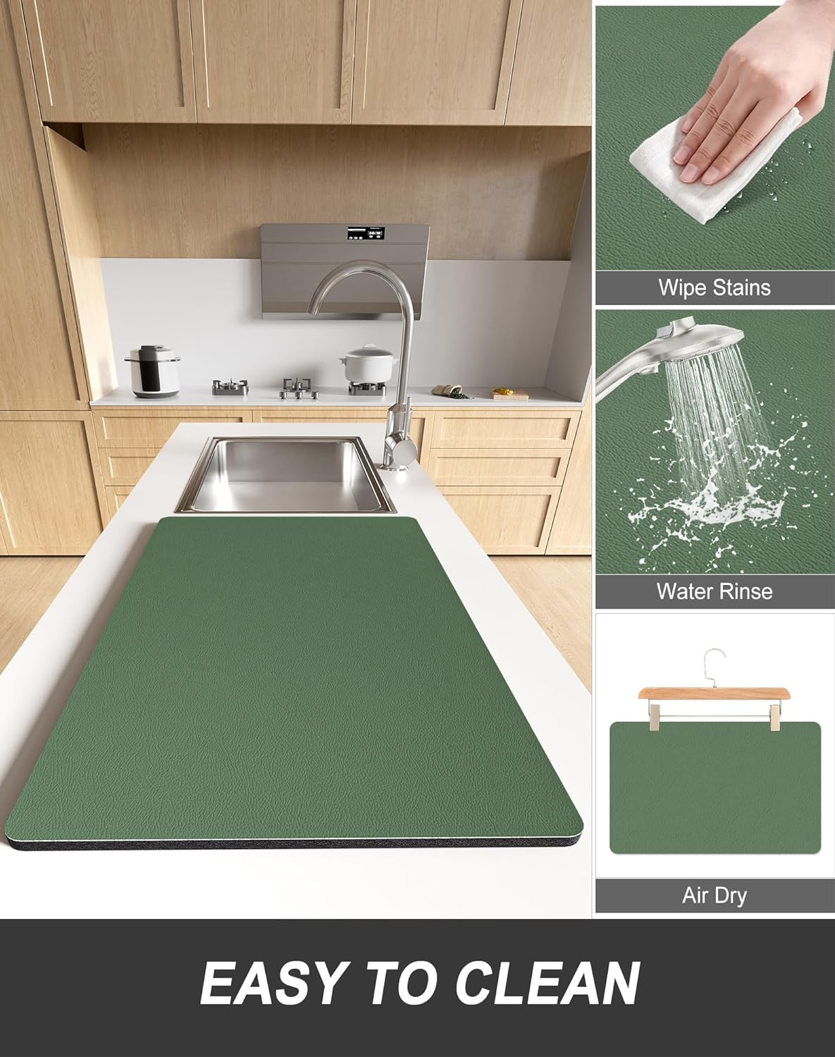 Rnivvi Dish Drying Mat for Kitchen Counter, XL 15 x 24" Super Absorbent Drainer Pad Easy Clean Dish Rack Pad, Non-Slip Heat Resistant Coffee Bar Mat for Coffee Machine Station Accessories,Forest Green