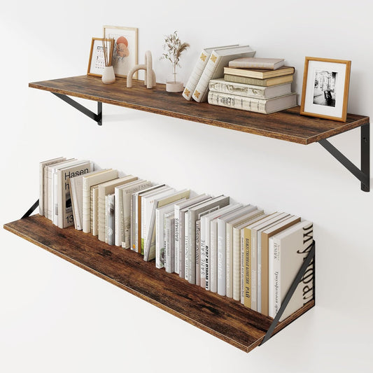 Heimlove Deep Floating Shelves for Wall, 36W x 8D Wood Wall Shelves Set of 2, Wide Floating Bookshelf for Living Room, Kitchen, Office, Bedroom and Decor Storage, with Metal Bracket - Rustic Brown