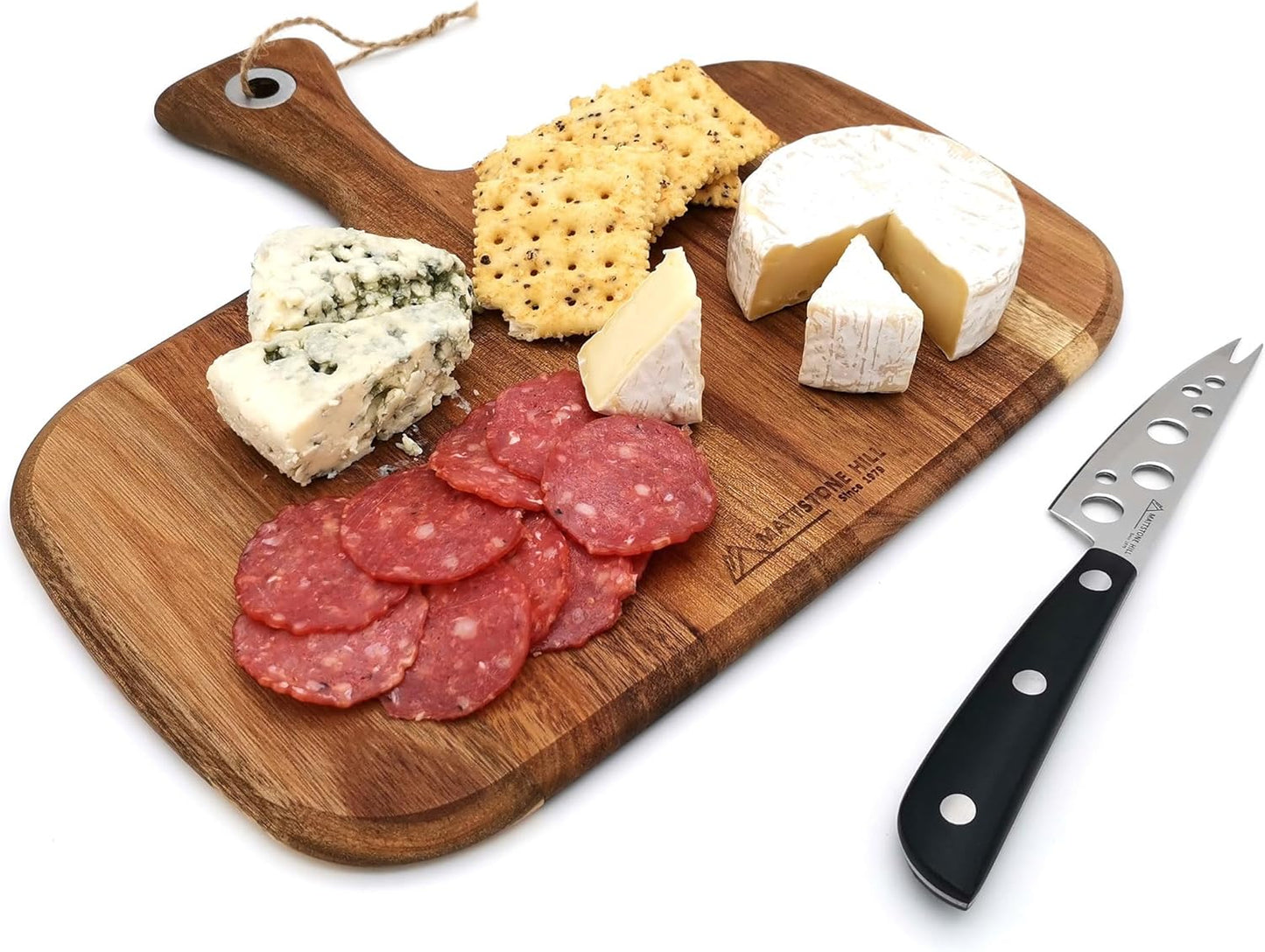 MATTSTONE HILL Acacia Cheese Knife & Board Set - Soft & Semi Hard Cheese Knife, Charcuterie Board, Wood Serving Platter
