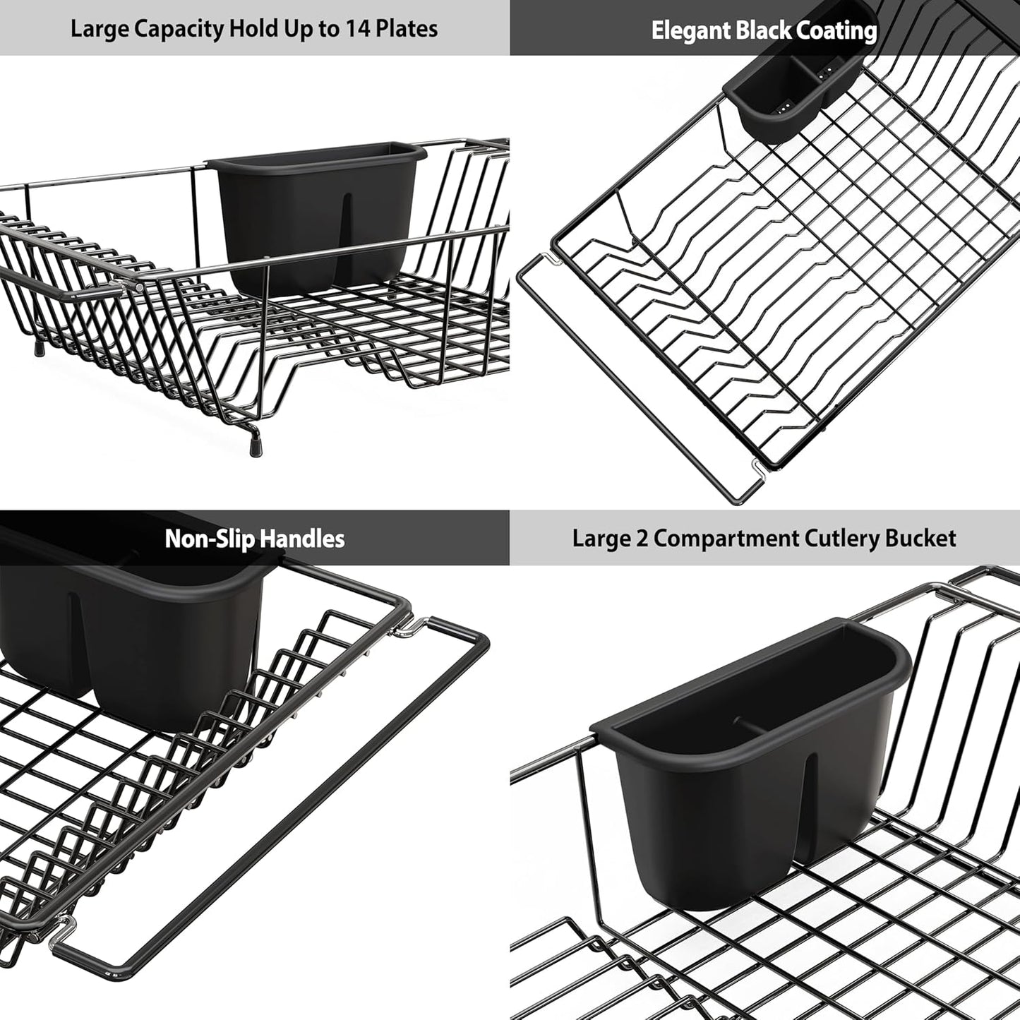 SIMPLE HOUSEWARE Large Over Sink Counter Top Stainless Steel Dish Drainer Drying Rack with Utensil Holder, Black