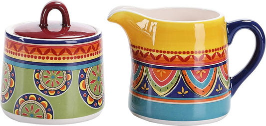 Bico Tunisian Ceramic Sugar and Creamer Set, Sugar Bowl with Lid, Cute Container for Coffee Bar, Kitchen Countertop Accessories, Microwave and Dishwasher Safe