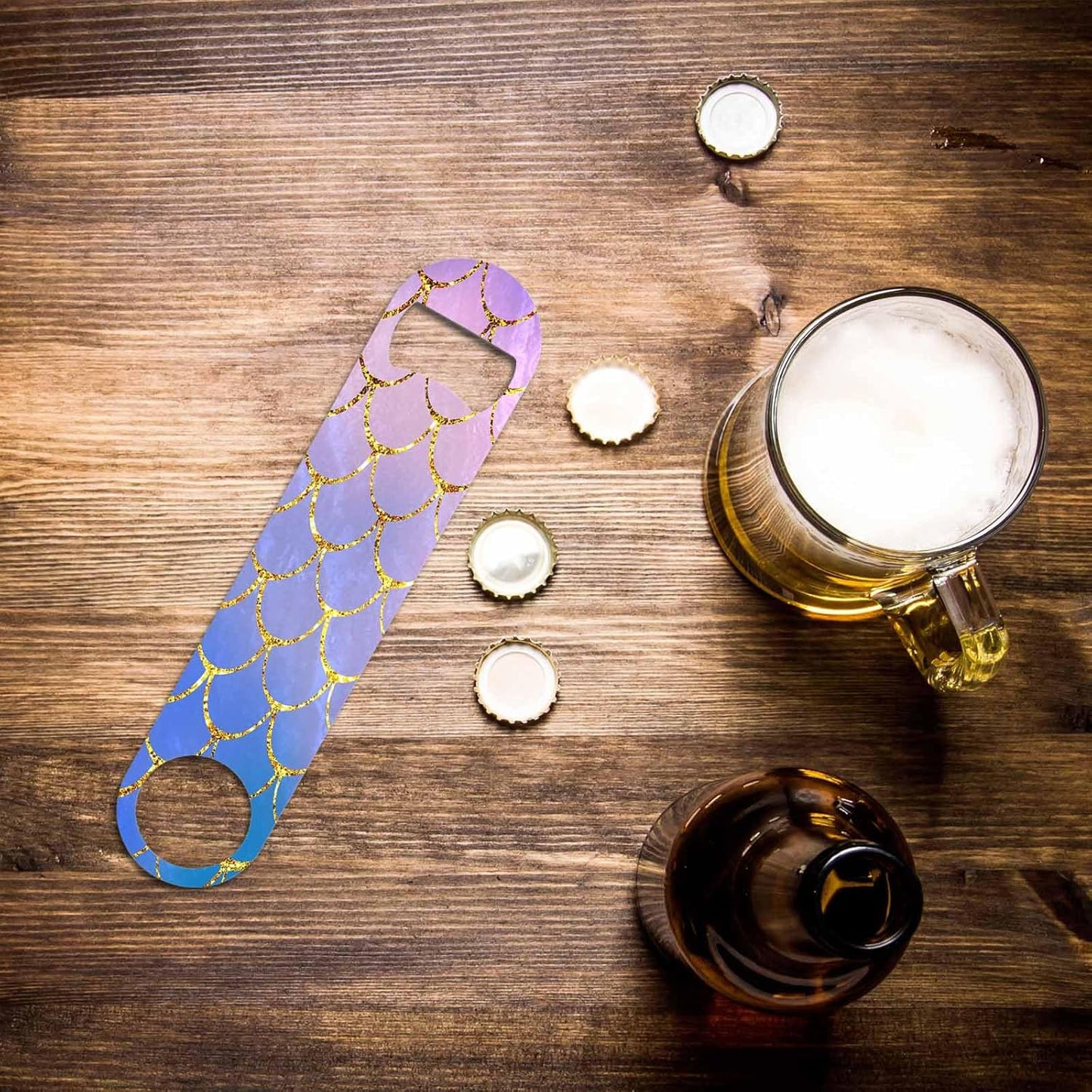 Mermaid Fish Scales Stainless Steel Bottle Opener Blue Pink Purple Gold Stitching Hand Painted Flat Beer Bottle Opener Keychain for Home Kitchen Bar Restaurant Party Birthday Gift