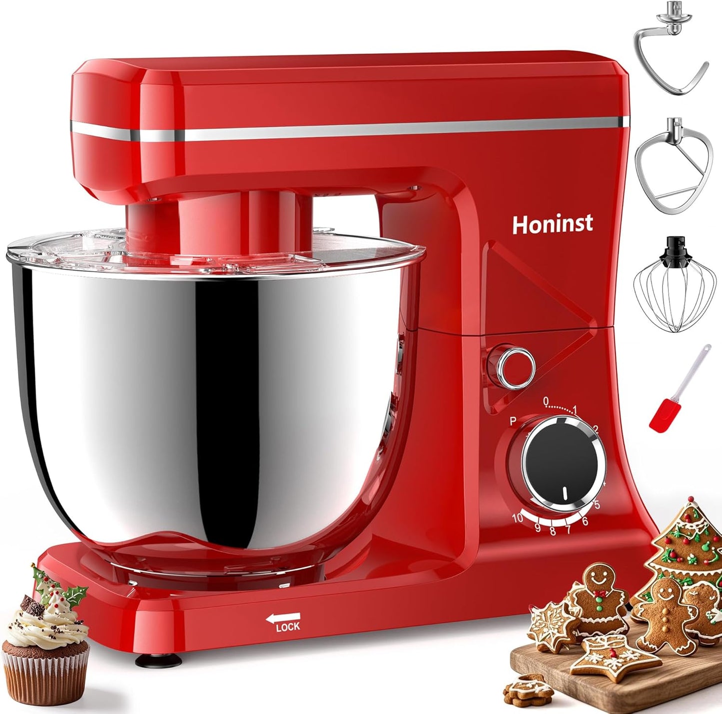 10-Speed Stand Mixer with 8-in-1 Splash Guard, Tilt-Head, 6QT Stainless Steel Bowl + Dishwasher-Safe Dough Hook/Whisk/Beater/Spatula for Baking Bread, Cakes, Cookies, Red