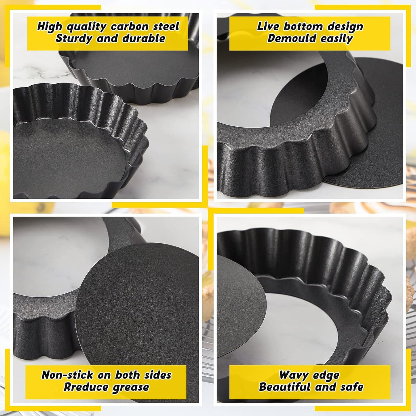 Tessco 16 Pieces Mini Tart Pans with Removable Bottom Nonstick Quiche Mini Pie Tart Pans Bakeware Mold Fluted Side for Pies(Black Gray Round,3 Inch)