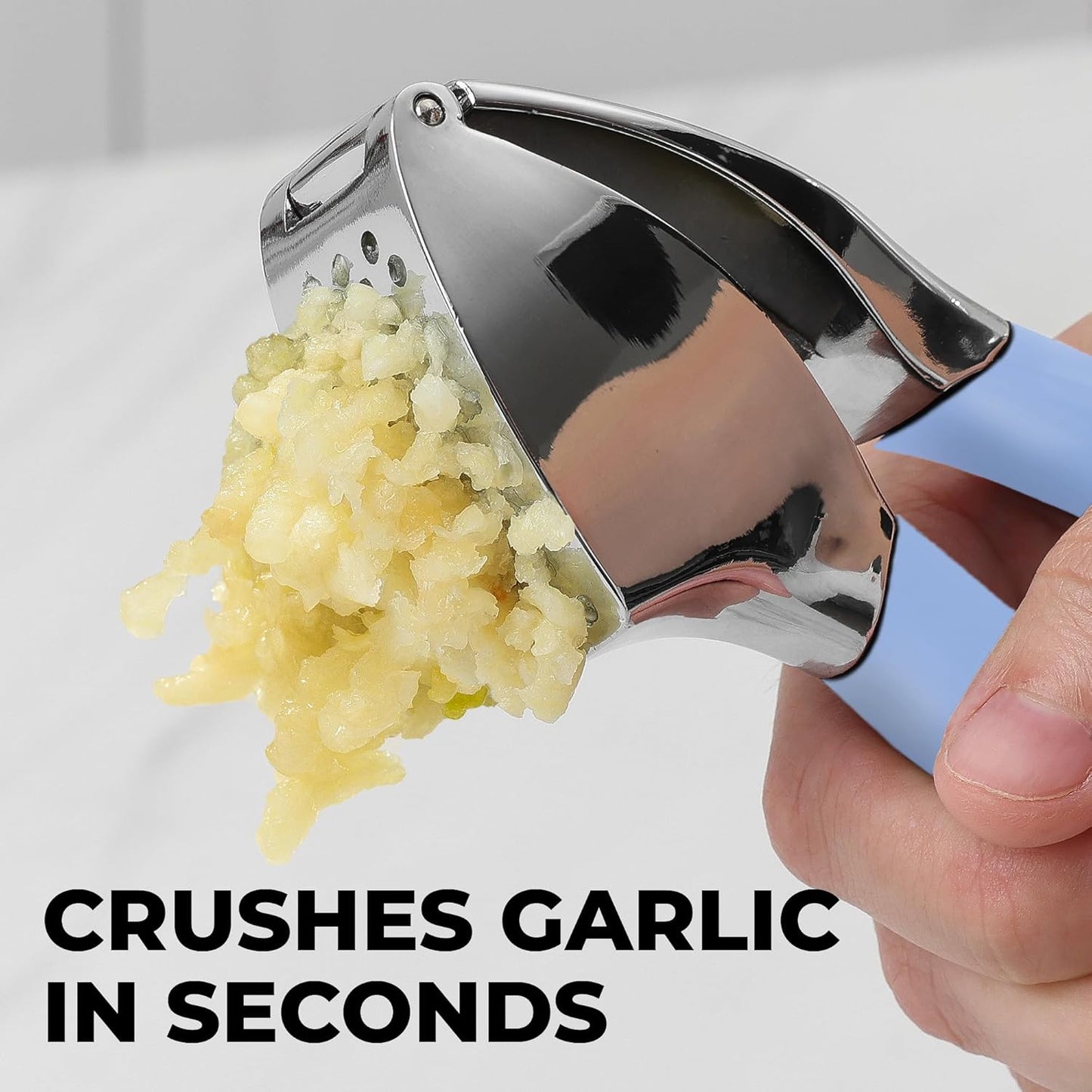 Zulay Kitchen Comfort Grip Garlic Press - Garlic Mincer Tool - Garlic Crusher - Garlic Press Mincer Rust Proof, with Soft Ergonomic Handle, Easy Clean Set with Peeler and Brush - Baby Blue