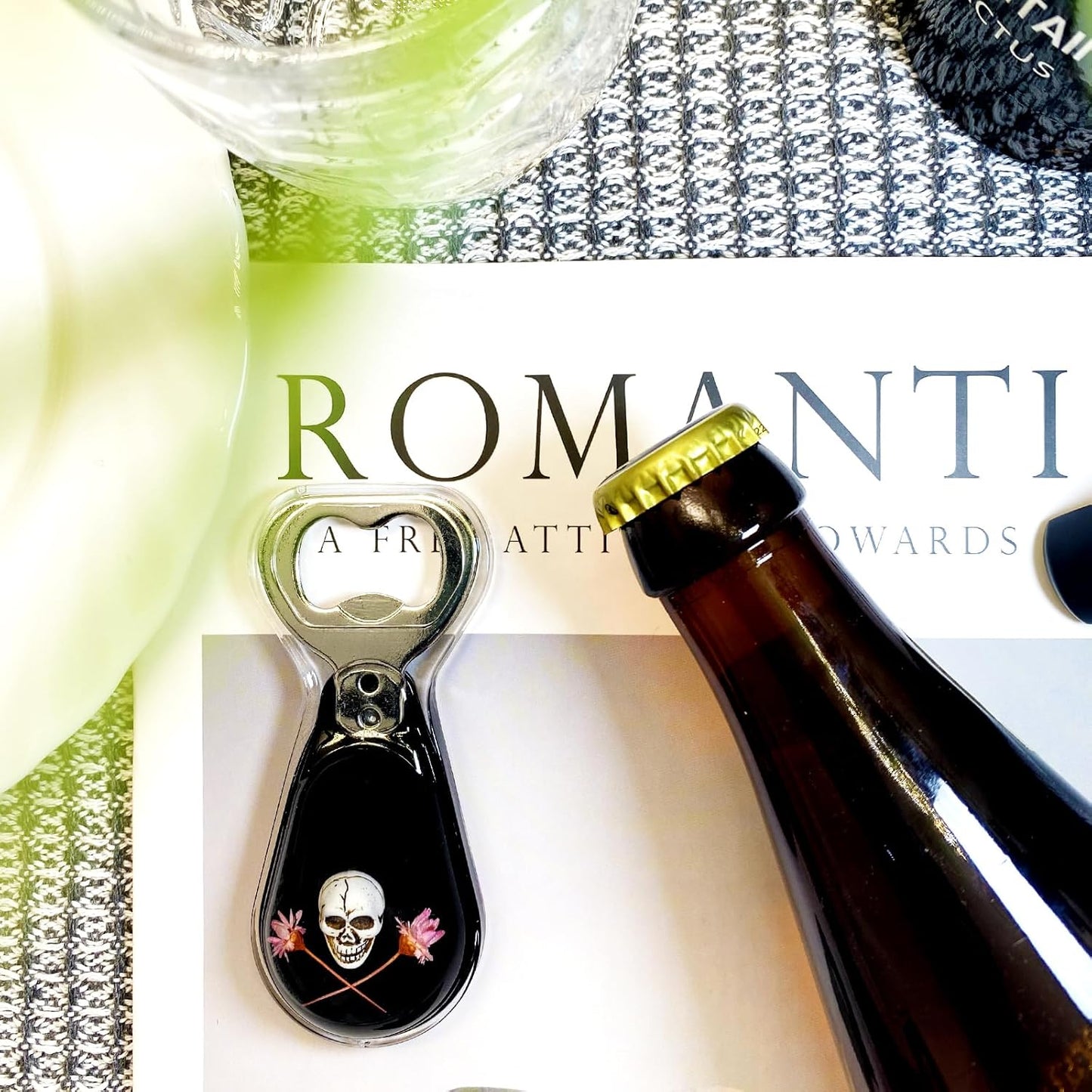 Halloween Ghost Skull Decor, Magnetic Bottle Opener, Original Design Skull Flower in Black Resin – Strong Magnet for Fridge – – Gothic Halloween Gifts - Midnight Black