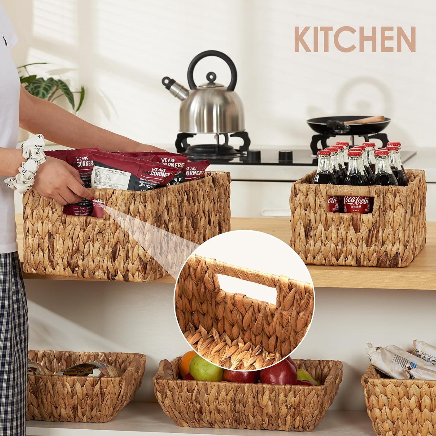 Wicker Baskets 2 Pack, Water Hyacinth Rectangular Storage Basket with Handles, Large for Organizing, Natural