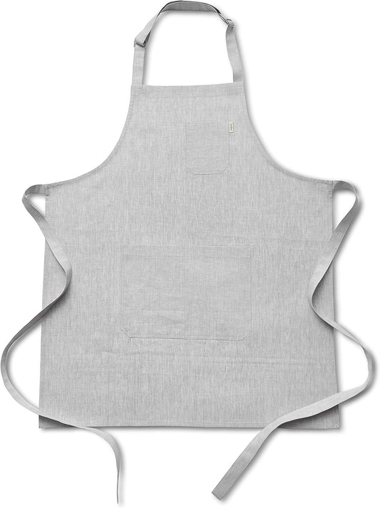 Solino Home Linen Bib Apron for Men & Women - 100% Pure Linen Light Grey Kitchen Apron with Front Pockets - Handcrafted from European Flax