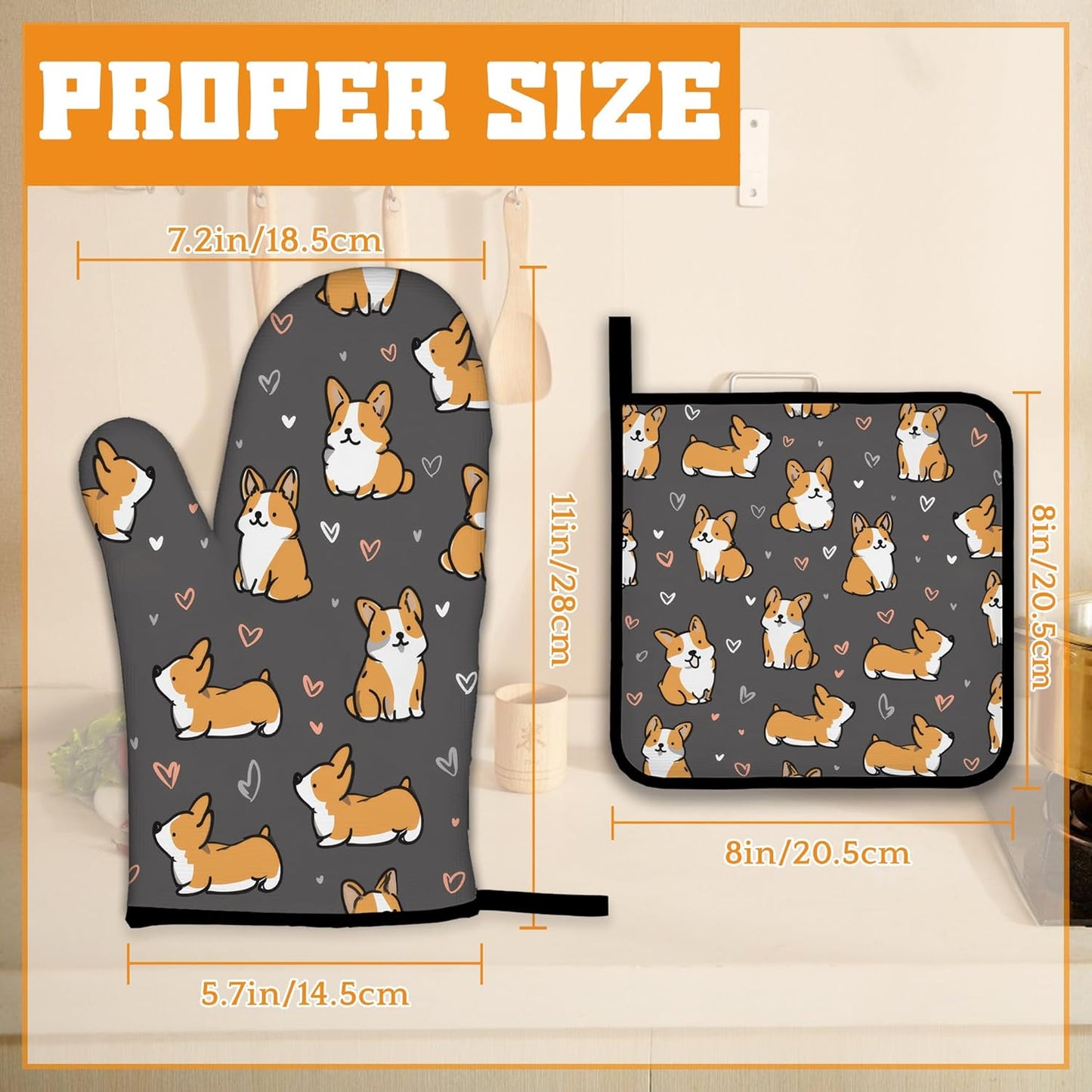 Cute Corgi Dog Oven Mitts and Pot Holders,Heat Resistant Oven Mitts Gloves and Pot Holder for Home Kitchen Decorations Cooking Baking BBQ Gifts,Set of 4