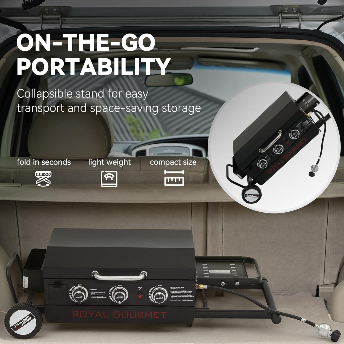 Royal Gourmet PD3001 3-Burner Propane Gas Griddle with Collapsible Stand, 23-Inch Portable Griddle with Side Table & 314 Sq. In. Cooking Area for Camping, Tailgating, Backyard & Patio, Black