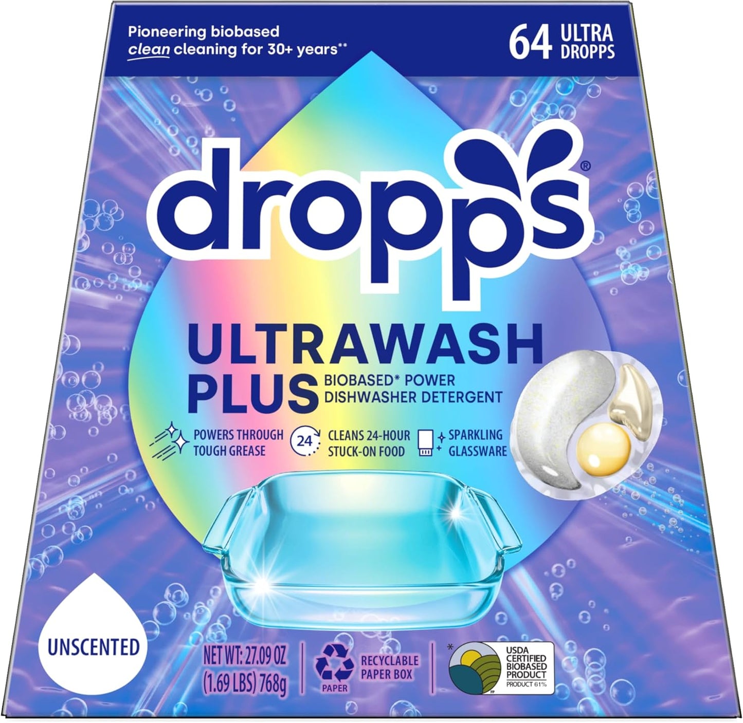 Dropps UltraWash Plus Dishwasher Detergent, Unscented (64 Pods) - Triple Action Biobased Power Deep Clean Dishwasher Detergent Tablets for Tough Stains - Dishwashing Pods for Shiny Dishes