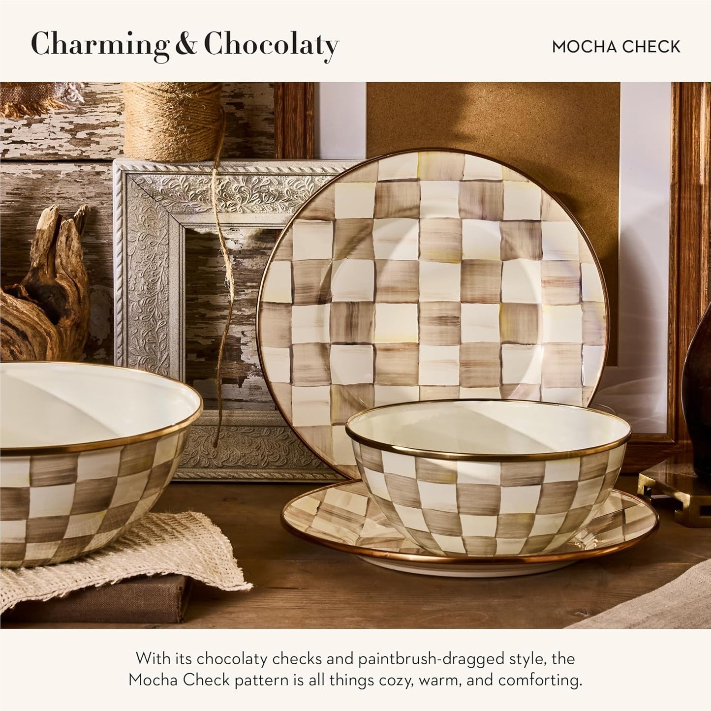 MACKENZIE-CHILDS Enamel Serving Bowl, Enamel Serveware Bowl, 12 Inches, Brown-and-White Mocha Check