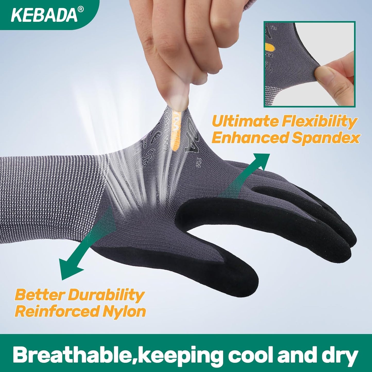 Kebada W2 Safety Work Gloves, Micro-Foam Nitrile Coated Gloves, Touchscreen,Ideal for Package Handling, Gardening, Construction, 1 Pair Large