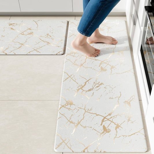 Gold Foil Stamped Marble Kitchen Mats for Floor 2PCS Cushioned Anti Fatigue Non Slip Waterproof Comfort Leather Kitchen Rugs 2/5 Inch PVC Kitchen Mats for Sink, Laundry, 17.3"x28"+17.3"x47",White