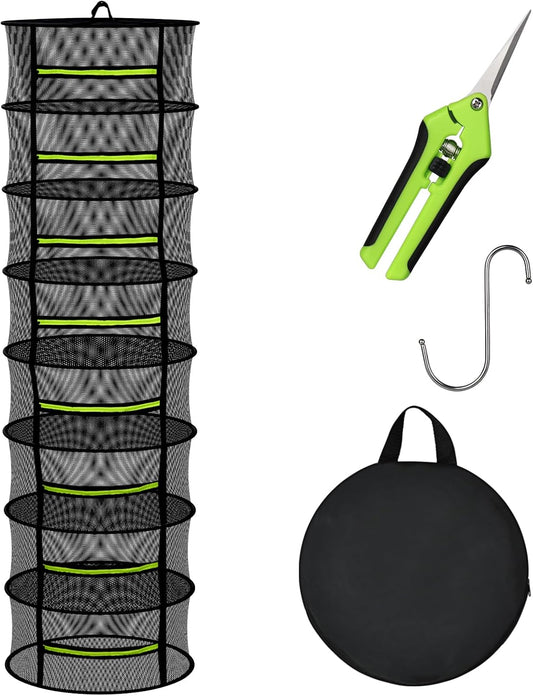 Herb Drying Rack - Mesh Drying Rack - Herb Drying Rack Hanging with Green Zipper & Garden Pruning Shears for Drying Herb - Hanging Drying Rack - Plant Drying Rack (8 Layers)