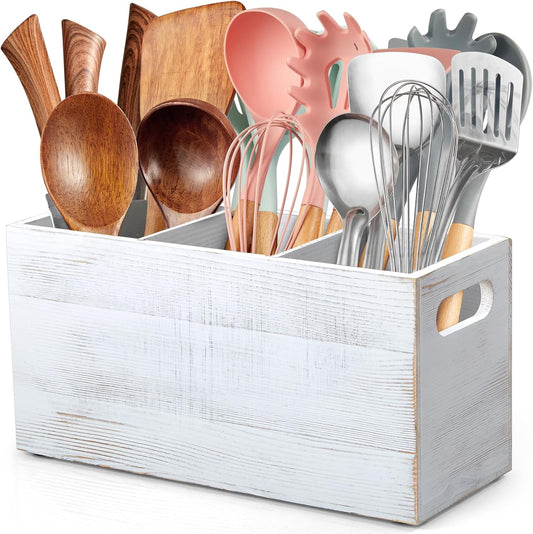 ALELION Rustic White Utensil Holder with Removable Divider - 3 Compartment Wooden Utensil Caddy Organizer for Kitchen Counter - Cooking Utensil Crock for Countertop