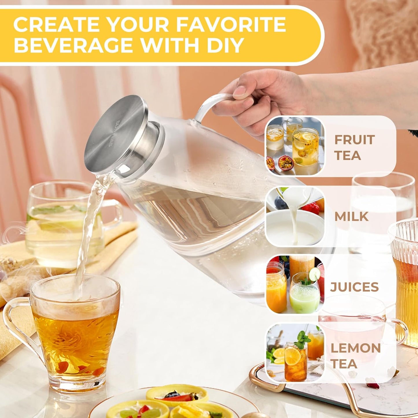 SUSTEAS 3 Liter 101 oz Glass Pitcher with Lid and Nozzle, Cold/Hot Water Glass Water Bottle, Ice Tea Water Jar for Refrigerator, Large Water Jar for Juice, Milk, Coffee or Homemade Drinks,Vase