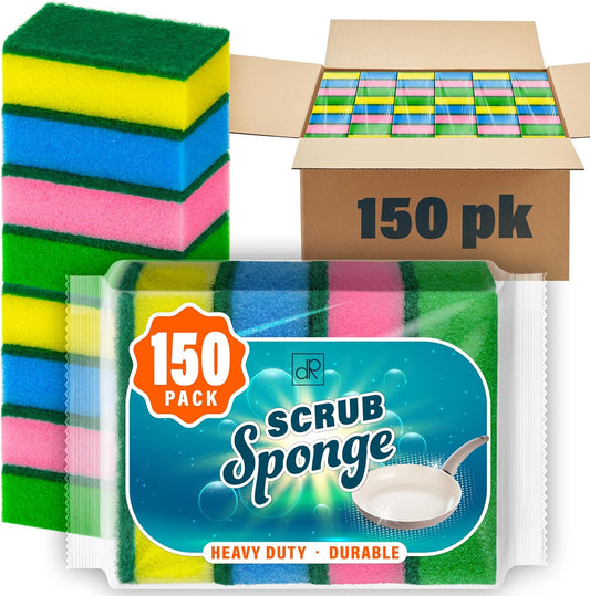DecorRack 150 Count Non-Scratch Cleaning Scrub Sponges, Dual-Sided Heavy Duty Kitchen Sponges for Dishes, Cleaning Household, Bathroom, Car Wash - Multicolor (Pack of 150)
