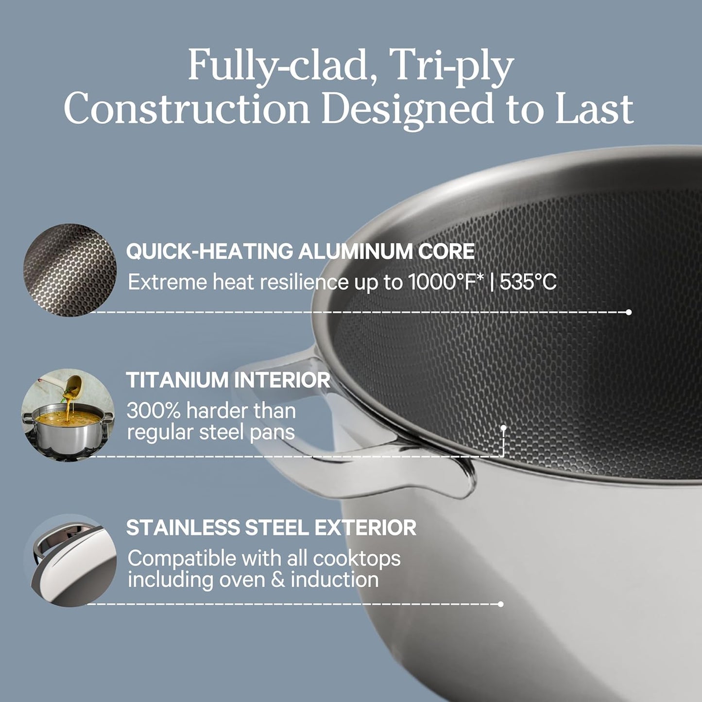Our Place Titanium Perfect Pot Pro - 6.75 Qt No-Coating Nonstick Stock Pot | Tri-Ply Titanium & Stainless Steel | Oven-Safe up to 1000°F & Compatible with All Cooktops | Includes Spoon | Chrome