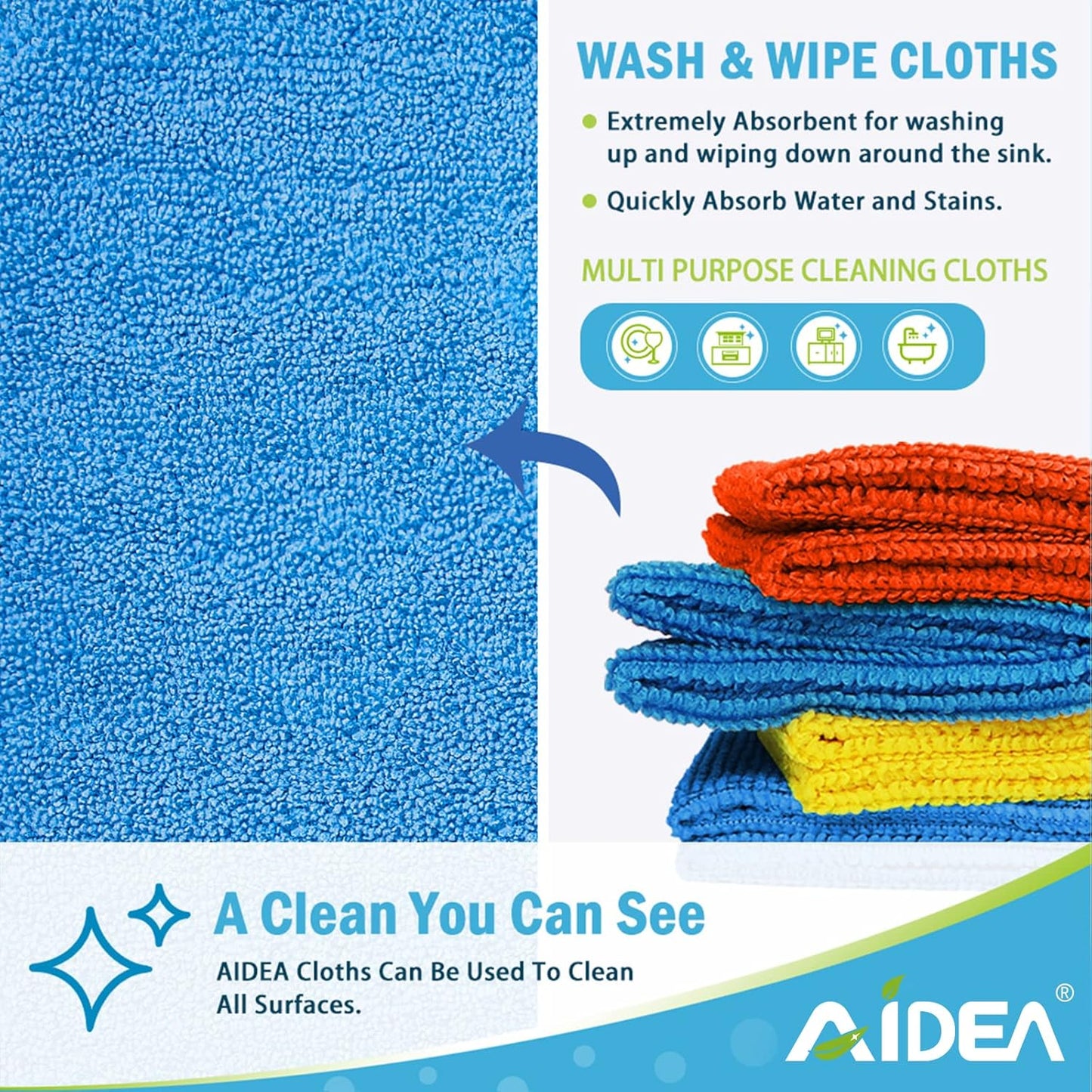 AIDEA Microfiber Cleaning Cloth 50PK, Dusting Cloth Drying Towel, All Purpose Soft Absorbent, Lint Free Rags, Streak Free Wash Cloth for House, Kitchen, Car, Window, 12"×12"