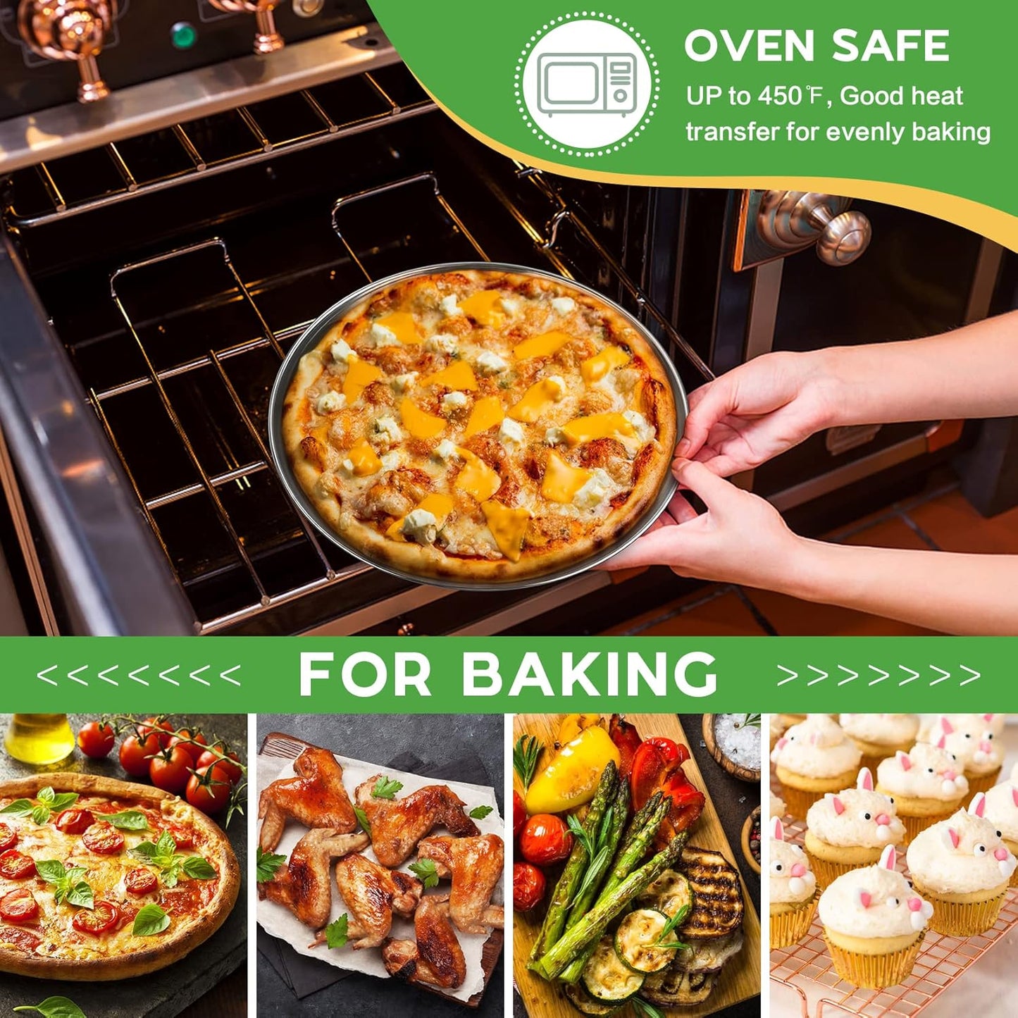 P&P CHEF 10 Inch Pizza Pan, Stainless Steel Round Pizza Tray Baking Pans, Pizzas Plate Serving Tray for Cookie Meat, Oven & Dishwasher Safe & Easy Cleaning, (Mirror Finish) - 3 Pieces