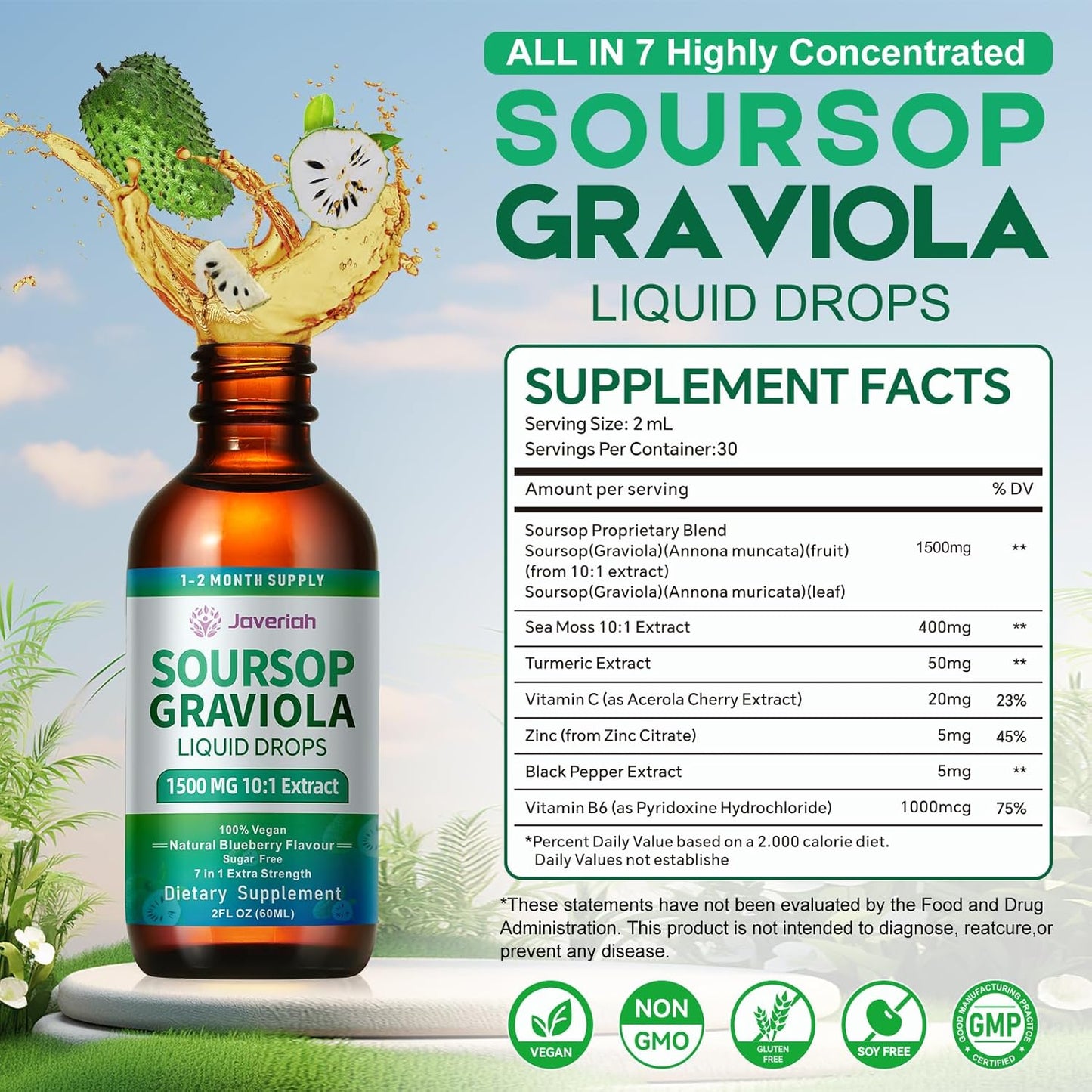 2 Pack Soursop Graviola Leaf Extract Liquid Drops Supplement with Irish Sea Moss & Turmeric for Cellular Support, Immune System Boost, Liver Health, Soursop Bitters Liquid 60-Day Supply 4 FL OZ