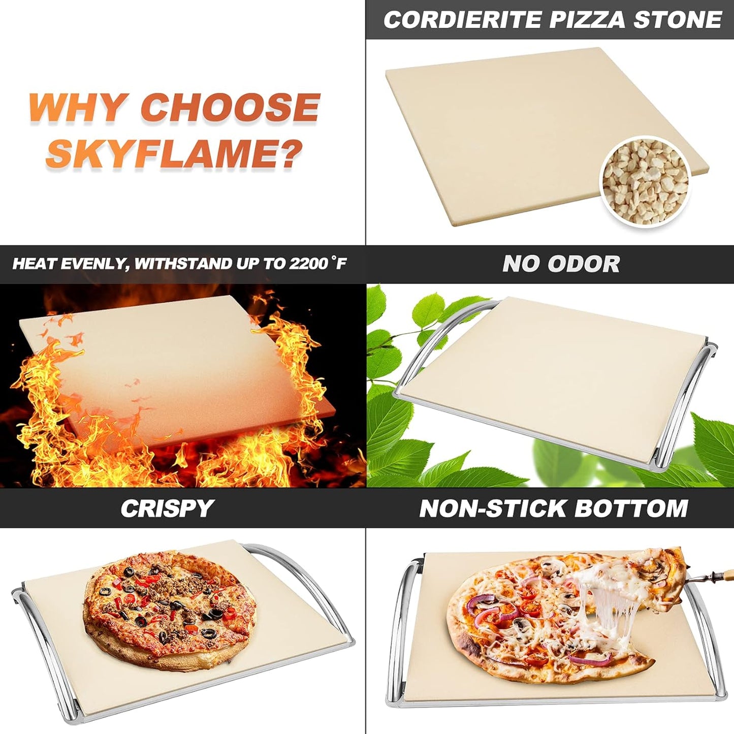 Skyflame 16” Rectangle Pizza Stone and Stainless Steel Rack with Handle, Heavy Duty Baking Stone Ideal for Most Charcoal/Gas Grills, Pizza Oven and Smoker