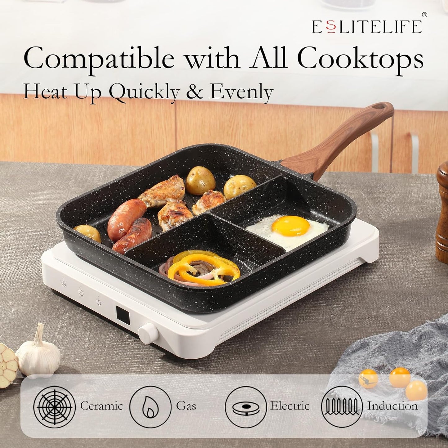 ESLITE LIFE 11 Inch Nonstick Divided Grill Pan with Lid for Indoor Cooking, Versatile 3-In-1 Induction Large Breakfast Pan for Stove Tops, PTFE & PFOA Free, Black