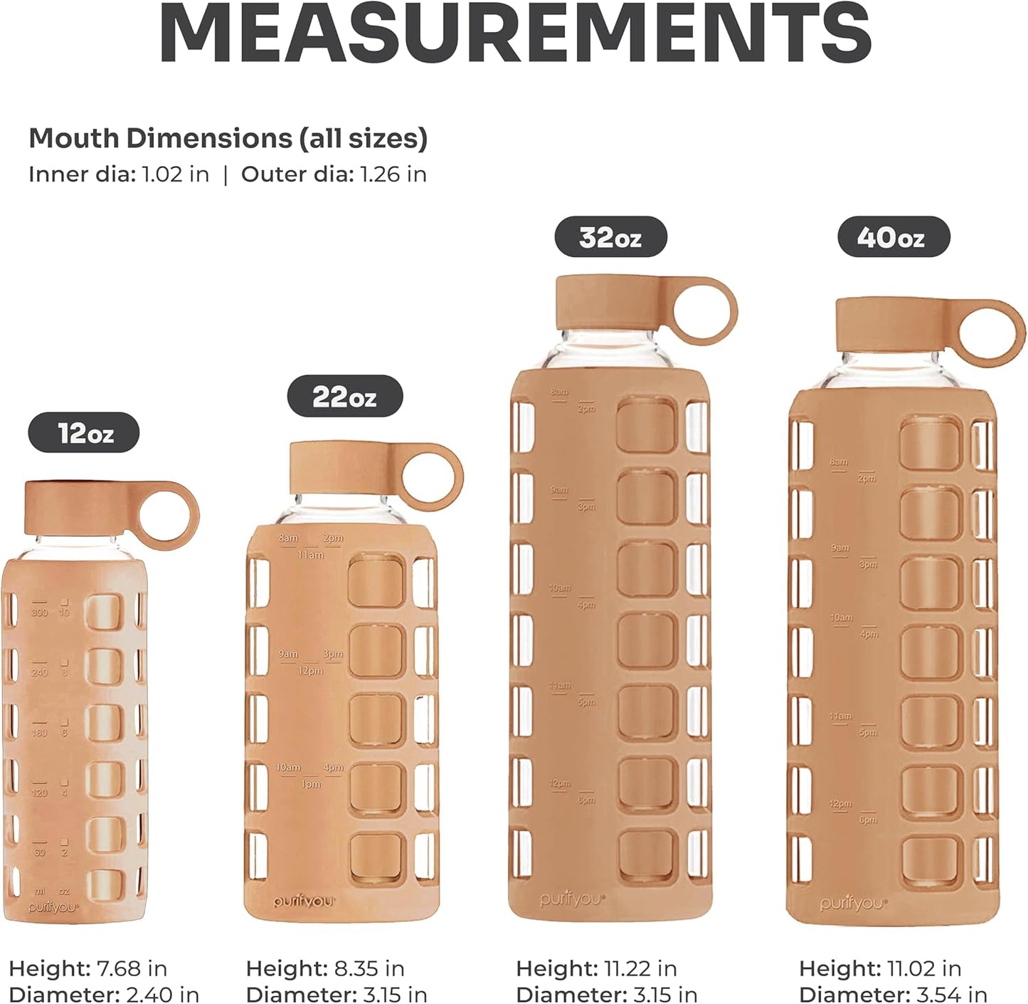 purifyou 40oz / 32oz / 22oz / 12oz Borosilicate Glass Water Bottle with Time & Volume Markers, Silicone Sleeve, Stainless Steel Lid – Reusable Glass Bottle for Water & Juice (40oz Iced Coffee)