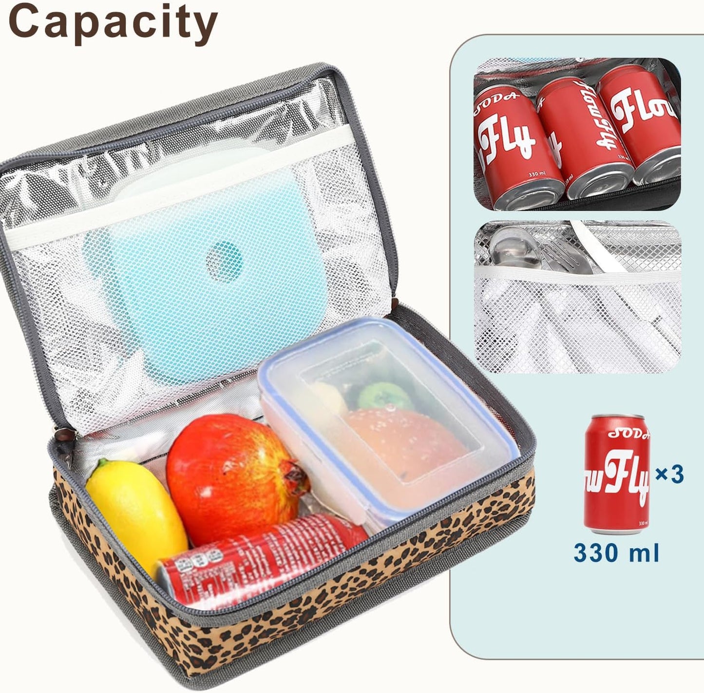 FlowFly Small Insulated Lunch box Portable Soft Bag Mini Cooler Thermal Meal Tote Kit with Handle for Work & School, Leopard