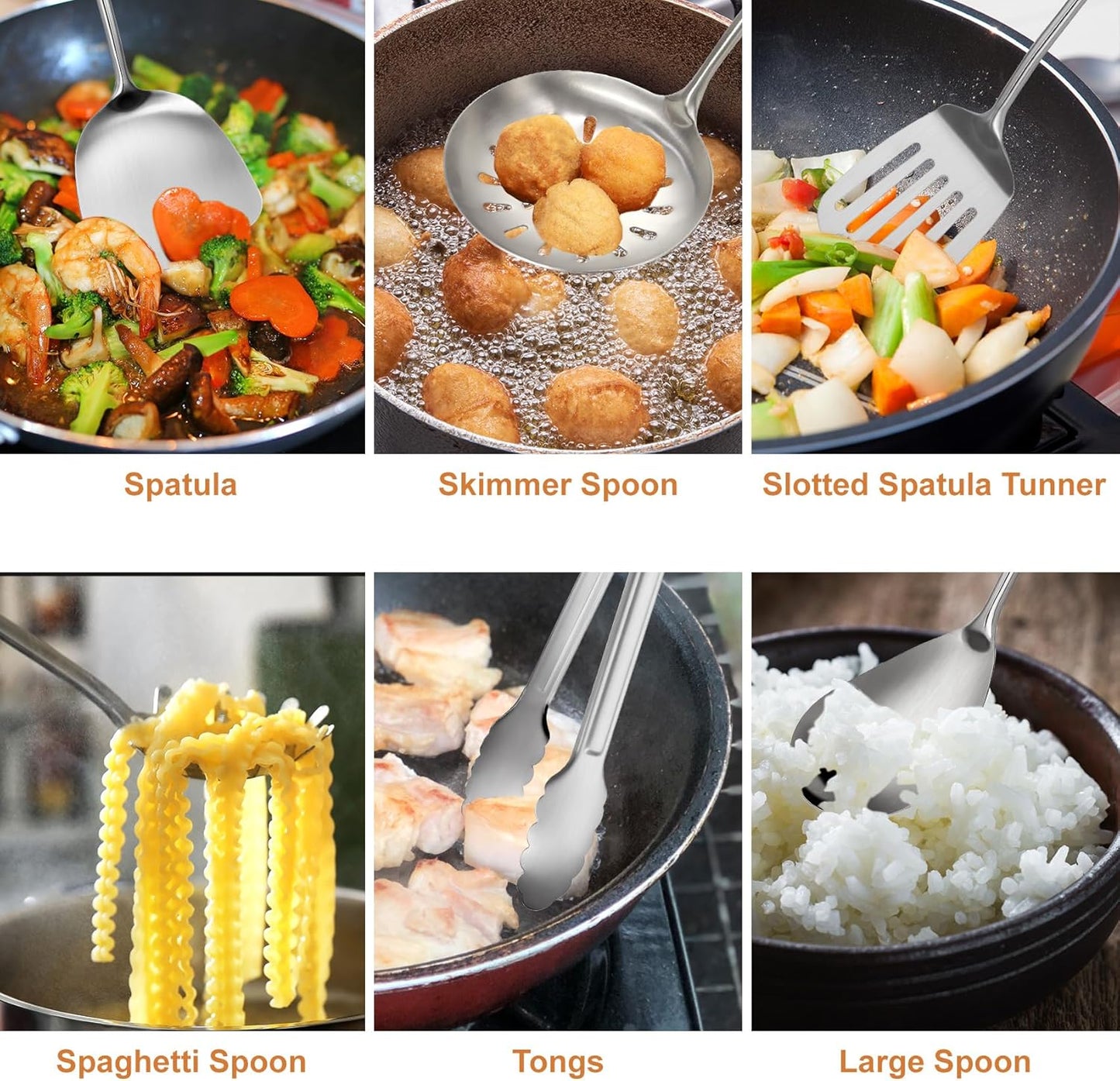 304 Stainlss Steel Kitchen Utensils Set, 12 Pcs Long Metal Utensils Set with Potato Masher, Spoon, Ladle, Skimmer, Turner, Pasta Server, Tongs etc(Dishwasher Safe)