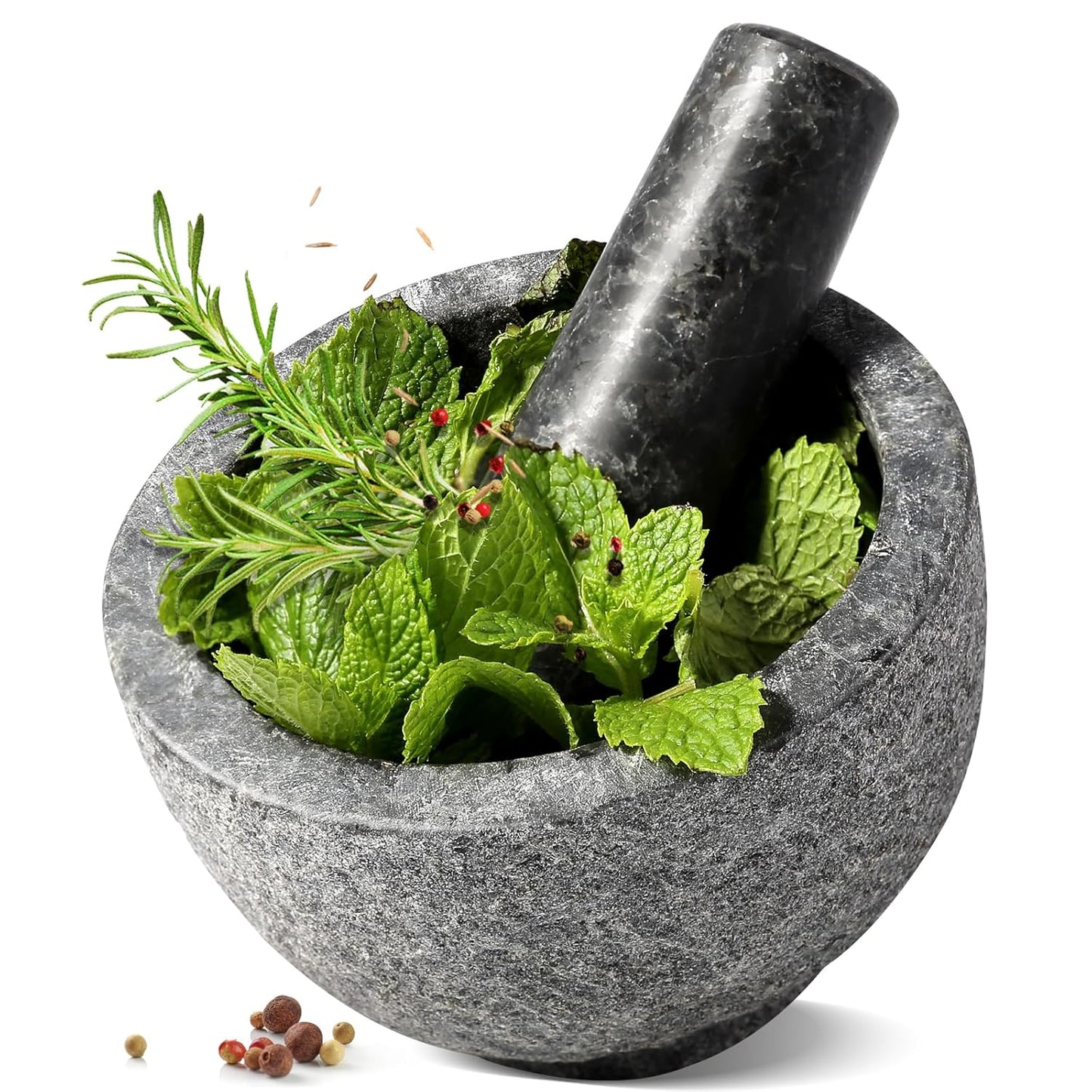 Koville African Natural Granite Mortar and Pestle Set, Grinder Bowl for Guacamole, Salsa, Pill Crusher, Spice, Herb, Garlic, Nut, Heavy Duty Grinder for Kitchen (Sandblasted Finish)