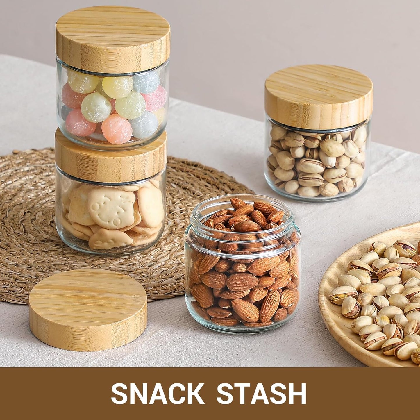 NETANY 4-pack 10oz Glass jars with Airtight Lids, Overnight Oats Containers with Bamboo Lids, Wide mouth Mason Salad jars, Glass Food Storage Containers for Snacks Yogurt Spice Sugar