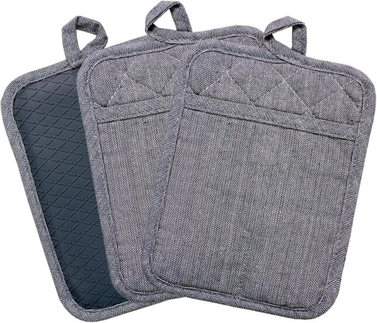 Pot Holders Yarn-Dyed Set of 3 Non Slip Silicone Kitchen Lines Heat Resistant 500℉ Kitchen Gloves BBQ Cooking Baking Women Men Cooking Barbecue Microwave Machine Washable (Gray Potholders)