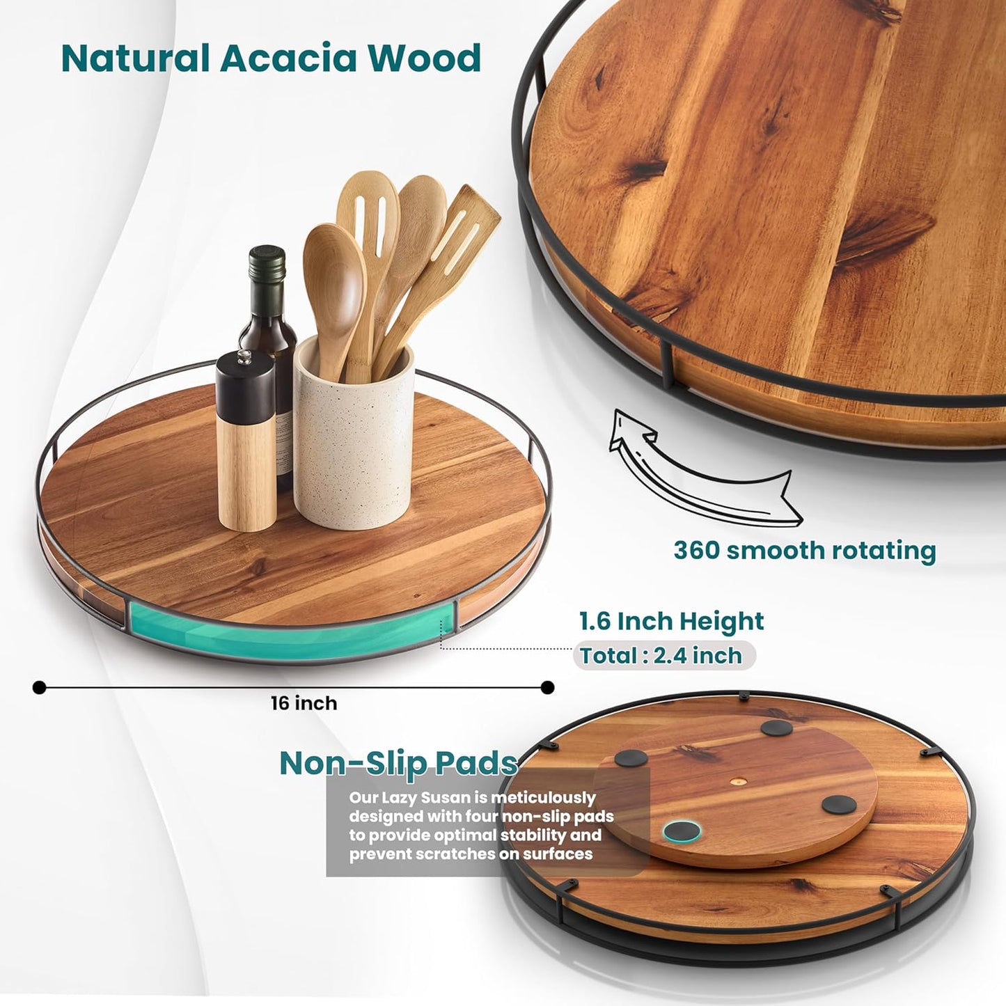 16" Acacia Wood Lazy Susan Turntable with Metal Frame - Large Lazy Susans Organizer Countertop Storage - Wooden Serving Tray for Charcuterie Cheese Board - Kitchen Counter Rotating
